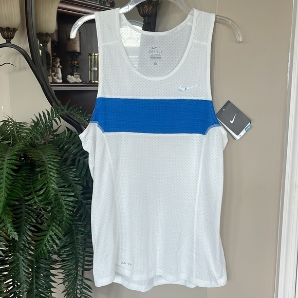 Brand New Nike Dri-Fit Retro Mesh White & Blue Stripe Tank Top Sporty Workout - Picture 1 of 14